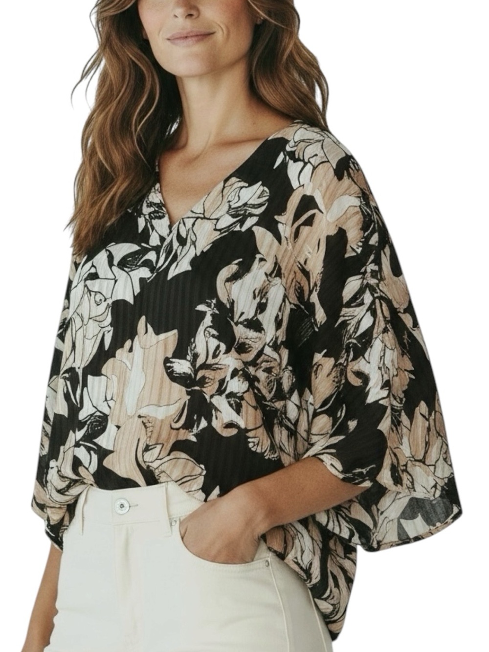 NWT WHITE HOUSE BLACK MARKET Black Floral V-Neck Blouse Size Medium